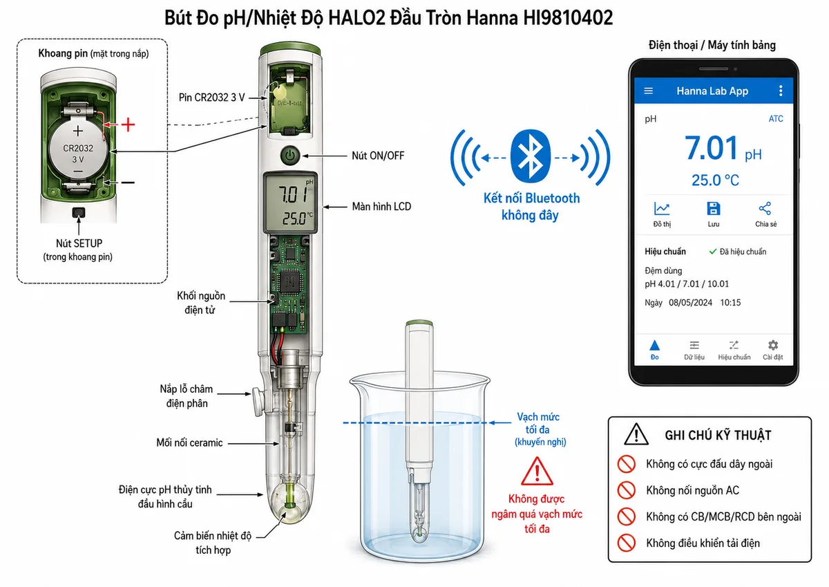 Sơ đồ kết nối sử dụng Bút Đo pH/Nhiệt Độ HALO2 Đầu Tròn Hanna HI9810402, nền trắng, bố cục ngang, phong cách kỹ thuật đo lường và nhãn tiếng Việt; thể hiện pin CR2032 3 V với cực dương (+) và cực âm (−) tiếp xúc đúng khoang pin, khối nguồn điện tử bên trong thân bút, nút ON/OFF, nút SETUP nằm trong khoang pin, màn hình LCD, điện cực pH thủy tinh đầu hình cầu, mối nối ceramic, nắp lỗ châm điện phân và cảm biến nhiệt độ tích hợp; thể hiện kết nối Bluetooth không dây từ HI9810402 tới điện thoại hoặc máy tính bảng chạy Hanna Lab App; ghi chú rõ thiết bị không có cực đấu dây ngoài, không nối nguồn AC, không có CB/MCB/RCD bên ngoài, không điều khiển tải điện và không được ngâm quá vạch mức tối đa.