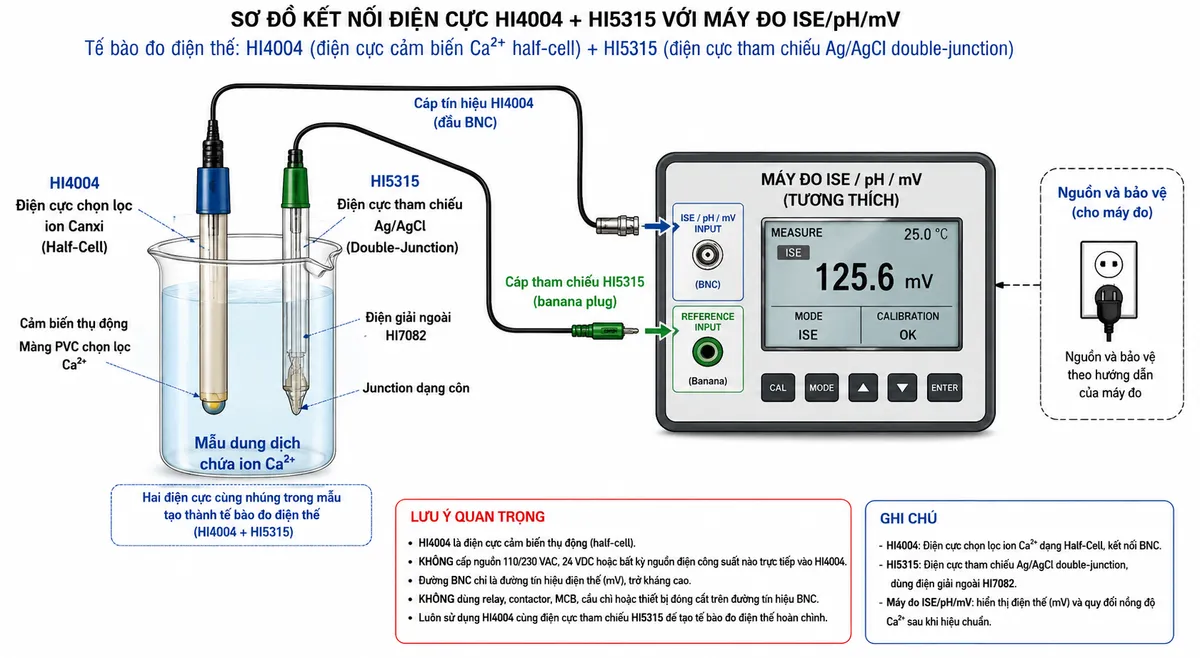 Vẽ sơ đồ đấu dây/kết nối kỹ thuật cho Hanna HI4004 trên nền trắng, bố cục ngang. Bên trái là cốc mẫu chứa ion Ca²⁺ với hai điện cực cùng nhúng trong mẫu: điện cực cảm biến half-cell HI4004 có màng PVC chọn lọc Ca²⁺ và điện cực tham chiếu HI5315 Ag/AgCl double-junction có junction dạng côn, sử dụng dung dịch điện giải ngoài HI7082. Từ HI4004 vẽ cáp tín hiệu tới đầu BNC và nối vào ngõ ISE/pH/mV của máy đo tương thích; từ HI5315 vẽ cáp tới banana plug/reference input của cùng máy đo. Ghi rõ đây là tế bào đo điện thế gồm HI4004 + HI5315. Thể hiện HI4004 là cảm biến thụ động, không có cực L/N/PE, không cấp 110/230 VAC hoặc nguồn DC trực tiếp, không có relay hay tải công suất và không cần MCB/cầu chì trên đường BNC. Nếu minh họa nguồn cho máy đo thì đặt thành khối riêng ghi “Nguồn và bảo vệ theo hướng dẫn của máy đo”, tuyệt đối không nối nguồn này vào HI4004.