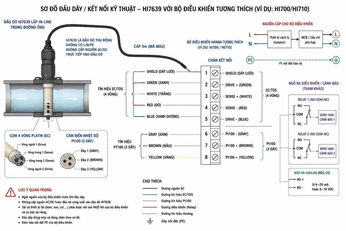 Vẽ sơ đồ đấu dây/kết nối kỹ thuật cho Hanna HI7639 trên nền trắng, bố cục ngang. Bên trái là đầu dò HI7639 lắp in-line trong đường ống chứa dung dịch, thể hiện cụm 4 vòng platin và cảm biến Pt100 3 dây tích hợp. HI7639 là đầu dò thụ động, không có cực L/N/PE và không cấp 110/230 VAC hoặc nguồn DC trực tiếp vào đầu dò. Cáp màu 3 m đi tới bộ điều khiển Hanna tương thích. Với ví dụ đấu trực tiếp vào HI700/HI710 theo tài liệu Hanna: phần EC/TDS gồm cable shield vào pin 1, dây GREEN vào pin 2, WHITE vào pin 3, RED vào pin 4, BLUE vào pin 5; phần Pt100 gồm GRAY vào pin 6, BROWN vào pin 7, YELLOW vào pin 8. Nguồn L-N-PE chỉ cấp cho bộ điều khiển, đi qua thiết bị cách ly và MCB/cầu chì phù hợp theo hướng dẫn của bộ điều khiển; PE nối đất bảo vệ. Nếu thể hiện relay, bơm định lượng, van hoặc tải thì đặt ở đầu ra bộ điều khiển và bảo vệ tải riêng, tuyệt đối không nối tải công suất vào HI7639. Phân biệt rõ đường nguồn, đường tín hiệu EC và đường Pt100; ghi chú ngắt nguồn bộ điều khiển trước khi đấu dây.
