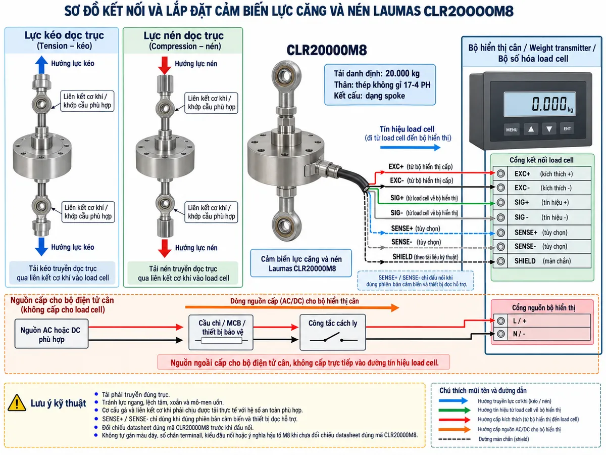 Vẽ sơ đồ đấu dây/kết nối kỹ thuật cho cảm biến lực kéo và nén Laumas CLR20000M8 trên nền trắng, bố cục ngang. Bên trái thể hiện hai trạng thái “Lực kéo dọc trục” và “Lực nén dọc trục”, tải truyền qua liên kết cơ khí hoặc khớp cầu phù hợp tới load cell CLR20000M8 ở giữa. Ghi rõ “CLR20000M8”, “Tải danh định: 20.000 kg”, “Thân: thép không gỉ 17-4 PH”, “Kết cấu: dạng spoke”. Từ load cell vẽ cáp tín hiệu sang “Bộ hiển thị cân / Weight transmitter / Bộ số hóa load cell” ở bên phải. Thể hiện các chức năng EXC+ và EXC- cấp điện áp kích thích từ bộ điện tử tới load cell; SIG+ và SIG- truyền tín hiệu vi sai từ load cell về bộ điện tử; nếu đúng phiên bản cảm biến và thiết bị đọc hỗ trợ thì thể hiện SENSE+ và SENSE- dưới dạng tùy chọn; thể hiện SHIELD theo tài liệu kỹ thuật. Không tự gán màu dây, số chân terminal, kiểu đầu nối hoặc ý nghĩa hậu tố M8 khi chưa đối chiếu datasheet đúng mã CLR20000M8. Phía dưới vẽ nguồn AC hoặc DC phù hợp cấp cho bộ điện tử cân qua cầu chì, MCB hoặc thiết bị bảo vệ tương ứng và công tắc cách ly; ghi rõ nguồn ngoài cấp cho bộ điện tử cân, không cấp trực tiếp vào đường tín hiệu load cell. Thêm ghi chú: tải phải truyền đúng trục; tránh lực ngang, lệch tâm, xoắn và mô-men uốn; cơ cấu gá và liên kết cơ khí phải chịu được tải thực tế với hệ số an toàn phù hợp.
