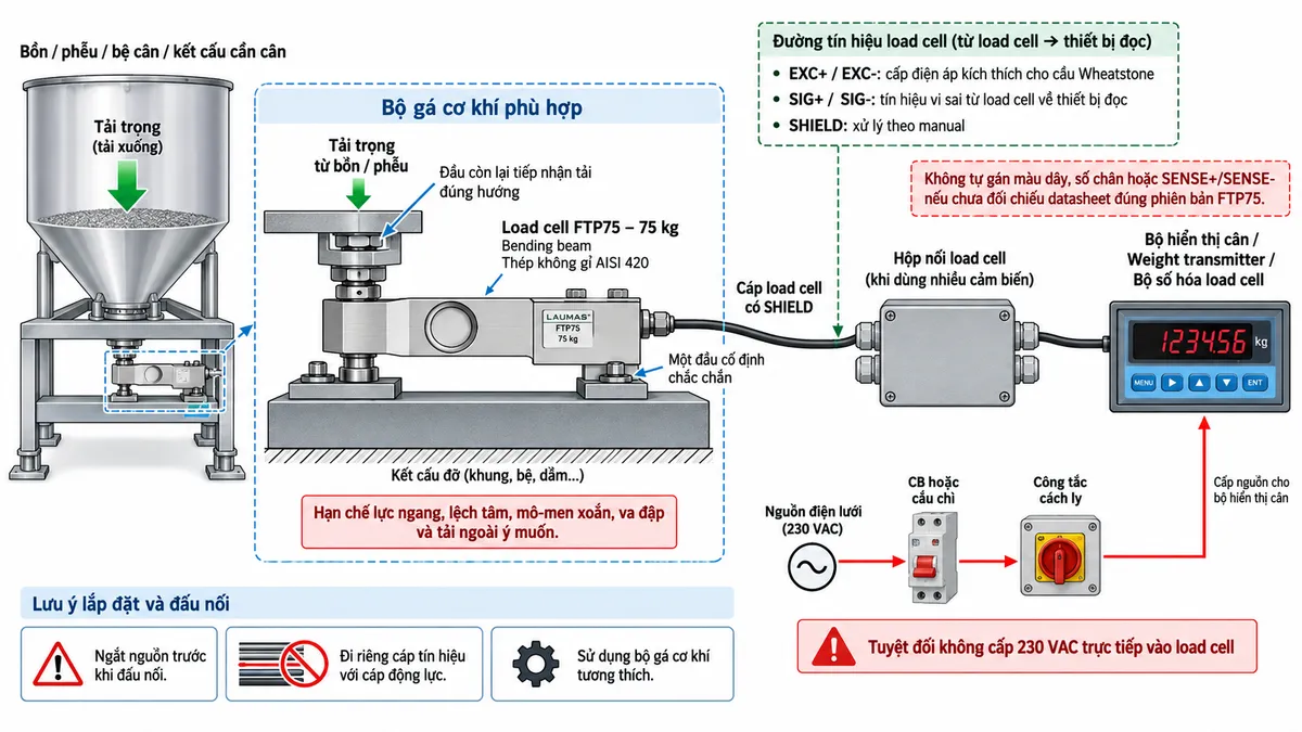 Vẽ sơ đồ đấu dây/kết nối kỹ thuật cho Laumas FTP75 trên nền trắng, bố cục ngang. Bên trái thể hiện bồn, phễu, bệ cân hoặc kết cấu cần cân truyền tải trọng theo phương thiết kế qua bộ gá cơ khí phù hợp tới load cell FTP75 tải danh định 75 kg dạng bending beam bằng thép không gỉ AISI 420 ở giữa. Thể hiện một đầu FTP75 được cố định chắc chắn vào kết cấu đỡ, đầu còn lại tiếp nhận tải đúng hướng; chú thích hạn chế lực ngang, lệch tâm, mô-men xoắn, va đập và tải ngoài ý muốn. Từ FTP75 vẽ cáp load cell có SHIELD tới hộp nối load cell khi sử dụng nhiều cảm biến, sau đó tới bộ hiển thị cân, weight transmitter hoặc bộ số hóa load cell. Thể hiện các đường chức năng EXC+/EXC- từ thiết bị điện tử cân cấp điện áp kích thích cho cầu Wheatstone và SIG+/SIG- truyền tín hiệu vi sai từ load cell về thiết bị đọc; SHIELD xử lý theo manual. Không tự gán màu dây, số chân hoặc SENSE+/SENSE- nếu chưa đối chiếu datasheet đúng phiên bản FTP75. Phần nguồn điện lưới chỉ cấp cho bộ hiển thị hoặc transmitter qua CB hoặc cầu chì và công tắc cách ly phù hợp; ghi rõ tuyệt đối không cấp 230 VAC trực tiếp vào load cell. Bổ sung lưu ý ngắt nguồn trước khi đấu nối, đi riêng cáp tín hiệu với cáp động lực và sử dụng bộ gá cơ khí tương thích.
