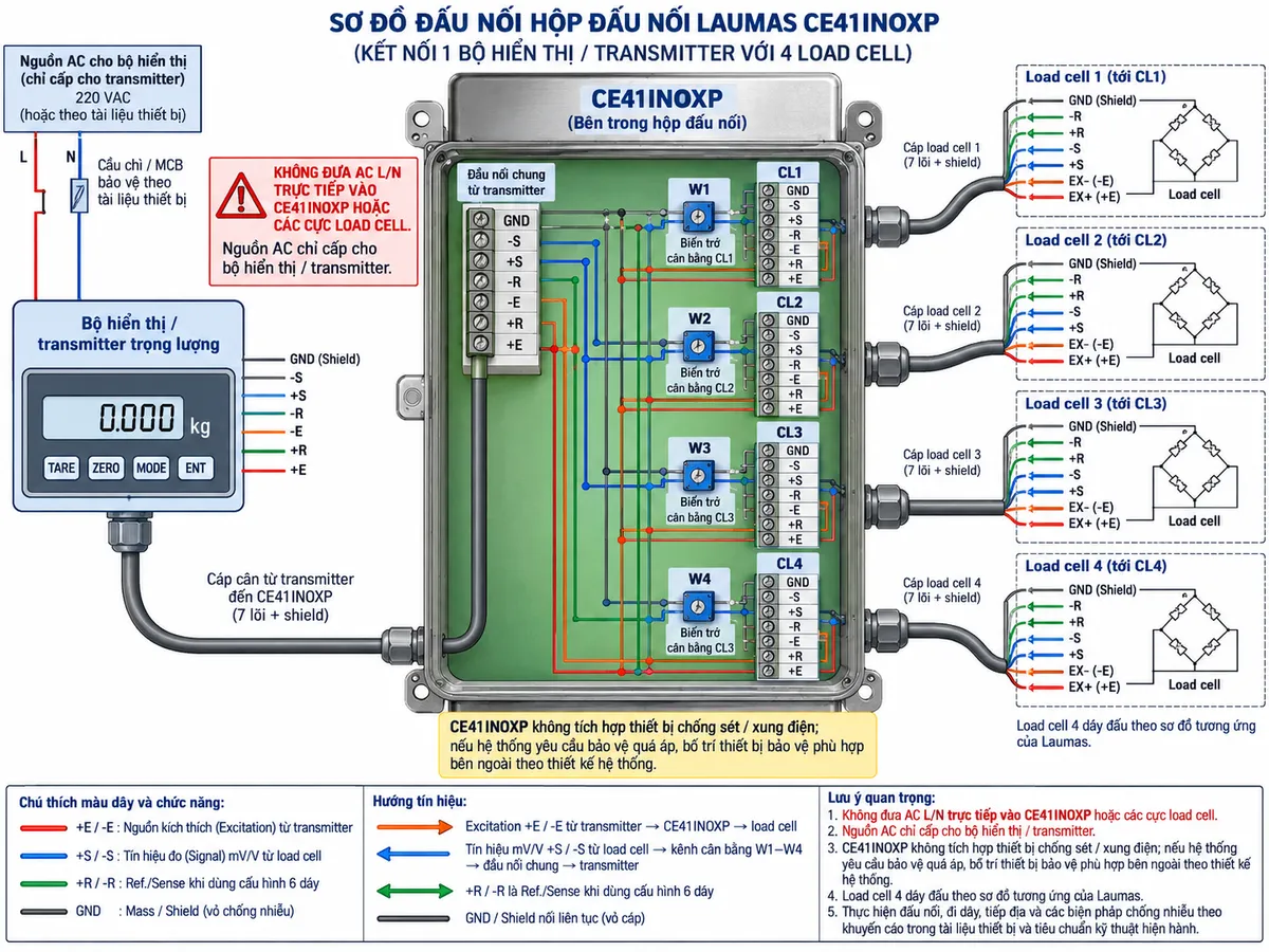 Sơ đồ đấu dây/kết nối kỹ thuật Laumas CE41INOXP trên nền trắng, bố cục ngang, chú thích tiếng Việt. Bên trái là “Bộ hiển thị / transmitter trọng lượng”; nguồn AC của riêng bộ hiển thị/transmitter đi qua cầu chì hoặc MCB bảo vệ theo tài liệu thiết bị, tuyệt đối không đưa AC L/N trực tiếp vào CE41INOXP. Từ bộ hiển thị/transmitter kéo cáp cân tới CE41INOXP gồm các đường GND, -S, +S, -R, -E, +R, +E. Ở giữa là hộp inox CE41INOXP với đầu nối chung và 4 kênh CL1, CL2, CL3, CL4; mỗi kênh thể hiện đúng các cực GND, -S, +S, -R, -E, +R, +E và potentiometer cân bằng tương ứng W1, W2, W3, W4. Bên phải bố trí 4 load cell cầu Wheatstone; minh họa load cell 6 dây với EX+/EX-, S+/S-, +R/-R Ref./Sense và shield/GND, đồng thời ghi chú load cell 4 dây phải đấu theo sơ đồ tương ứng của Laumas. Dùng mũi tên rõ chiều: excitation +E/-E từ transmitter → CE41INOXP → load cell; tín hiệu mV/V +S/-S từ load cell → kênh cân bằng W1-W4 → đầu nối chung → transmitter; +R/-R là Ref./Sense khi dùng cấu hình 6 dây. Ghi chú rõ CE41INOXP không tích hợp thiết bị chống sét/xung điện, nếu hệ thống yêu cầu bảo vệ quá áp phải bố trí thiết bị bảo vệ phù hợp bên ngoài theo thiết kế hệ thống.