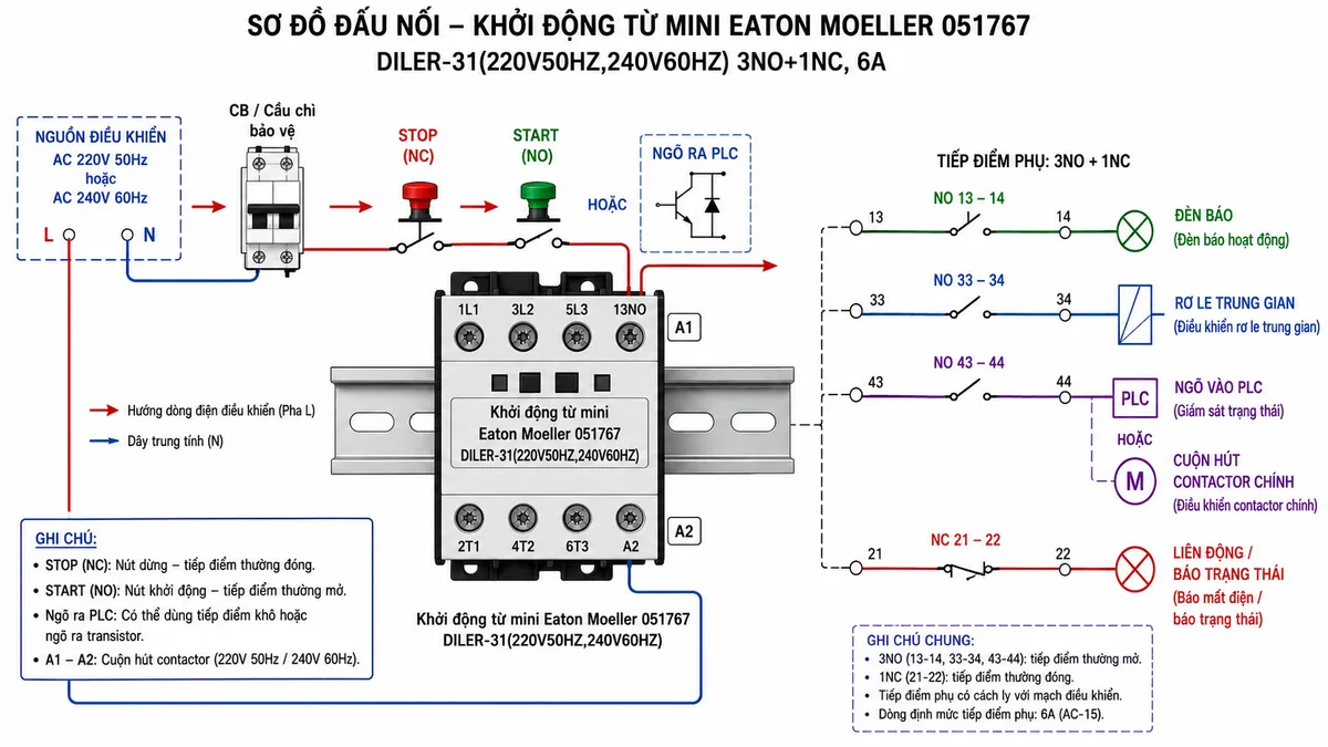 Sơ đồ đấu dây / kết nối của Khởi động từ mini Eaton Moeller 051767 DILER-31(220V50HZ,240V60HZ) 3NO+1NC: thể hiện nguồn điều khiển AC 220V 50Hz hoặc AC 240V 60Hz đi qua CB hoặc cầu chì bảo vệ, nút STOP thường đóng, nút START thường mở hoặc ngõ ra PLC đấu vào cuộn hút A1-A2; hiển thị các cực tiếp điểm NO 13-14, 33-34, 43-44 cấp tín hiệu cho đèn báo, rơ le trung gian, ngõ vào PLC và cuộn hút contactor chính; hiển thị tiếp điểm NC 21-22 dùng cho liên động hoặc báo trạng thái; có thanh DIN, tải phụ, thiết bị bảo vệ, mũi tên luồng cấp điện trong tủ điện công nghiệp, chú thích tiếng Việt rõ ràng