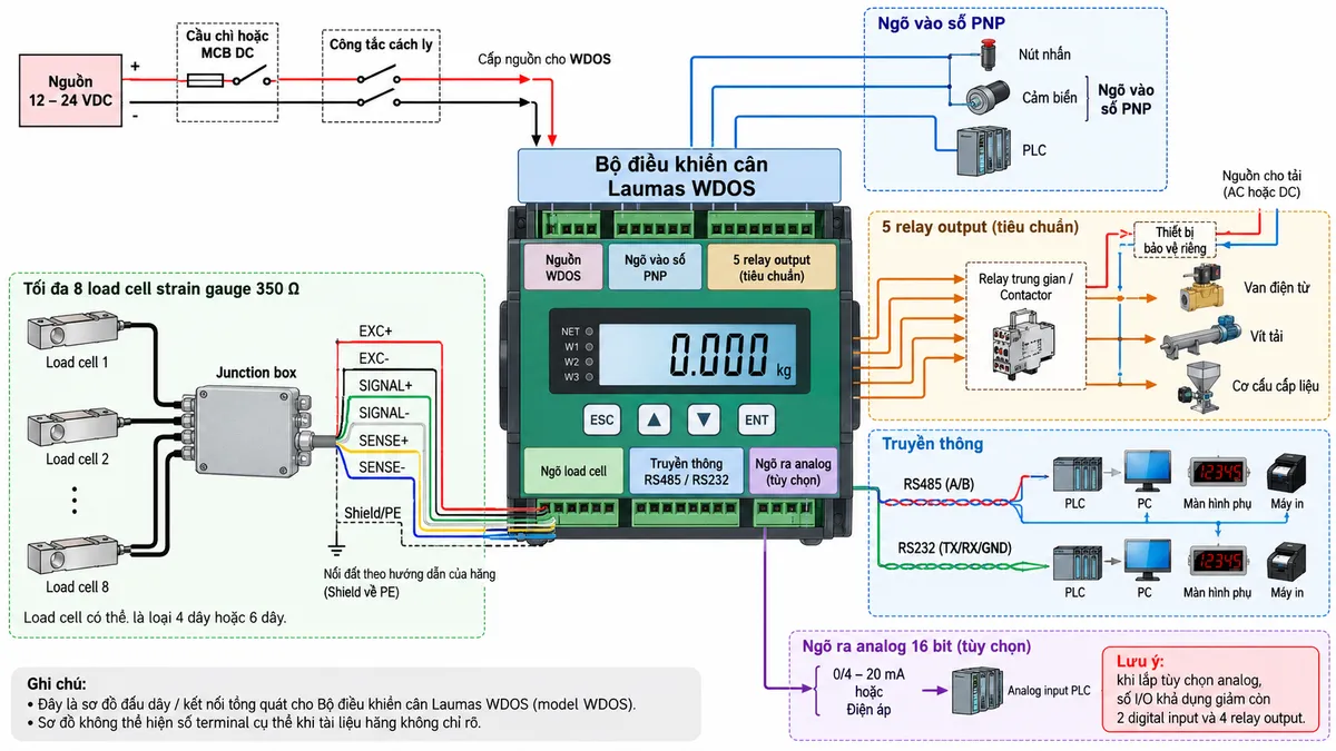 Sơ đồ đấu dây Bộ điều khiển cân Laumas WDOS trên nền trắng dạng ngang: nguồn 12–24 VDC đi qua cầu chì hoặc MCB DC và công tắc cách ly trước khi vào khối nguồn WDOS; một cụm tối đa 8 load cell strain gauge 350 Ω loại 4/6 dây được gom qua junction box rồi nối tới ngõ load cell của WDOS, thể hiện rõ EXC+/EXC-, SIGNAL+/SIGNAL- và SENSE+/SENSE- khi dùng 6 dây, dây shield nối đất theo hướng dẫn hãng; các digital input PNP nhận lệnh từ nút nhấn, cảm biến hoặc PLC; 5 relay output của cấu hình tiêu chuẩn đưa tới relay trung gian/contactor rồi điều khiển van điện từ, vít tải hoặc cơ cấu cấp liệu, nguồn tải có thiết bị bảo vệ riêng; RS485 thể hiện A/B và RS232 thể hiện TX/RX/GND tới PLC, PC, màn hình phụ hoặc máy in; bổ sung nhánh ngõ ra analog 16 bit tùy chọn 0/4–20 mA hoặc điện áp tới analog input PLC và ghi chú rằng khi lắp tùy chọn analog số lượng I/O khả dụng giảm còn 2 digital input và 4 relay output; không tự gán số terminal nếu tài liệu lắp đặt không chỉ rõ.