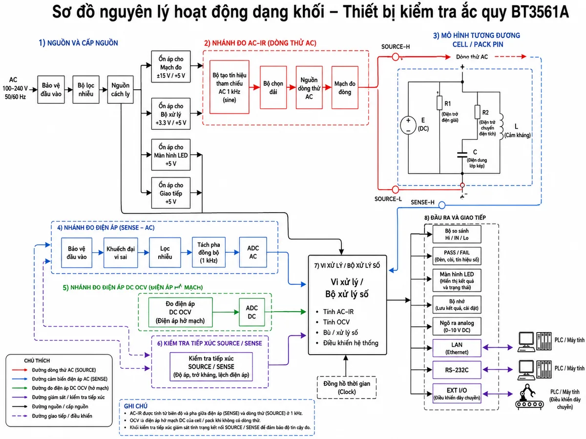 Vẽ sơ đồ nguyên lý hoạt động dạng khối của Thiết bị kiểm tra ắc quy HIOKI BT3561A, nền trắng, bố cục ngang, nhãn tiếng Việt, phong cách kỹ thuật điện công nghiệp. Luồng nguồn bắt đầu từ AC 100–240 V qua bảo vệ đầu vào, bộ lọc nhiễu, nguồn cách ly và các khối ổn áp cấp cho mạch đo, bộ xử lý, màn hình và giao tiếp. Nhánh đo điện trở gồm bộ tạo tín hiệu tham chiếu AC 1 kHz, bộ chọn dải, nguồn dòng thử và mạch đo dòng; dòng đi qua SOURCE-H tới mô hình tương đương của cell hoặc pack gồm nguồn điện áp DC E, điện trở điện giải R1, điện trở chuyển điện tích R2, điện dung lớp kép C và thành phần cảm kháng L, sau đó quay về SOURCE-L. Hai đường SENSE-H và SENSE-L đưa điện áp đáp ứng qua bảo vệ đầu vào, khuếch đại vi sai, lọc nhiễu, tách pha đồng bộ và ADC. Vẽ nhánh đo điện áp DC OCV riêng, khối kiểm tra tiếp xúc SOURCE và SENSE, vi xử lý tính AC-IR và OCV, bộ so sánh Hi/IN/Lo và PASS/FAIL, màn hình LED, bộ nhớ, ngõ ra analog, LAN, RS-232C và EXT I/O kết nối PLC hoặc máy tính; dùng mũi tên chỉ rõ luồng hoạt động.