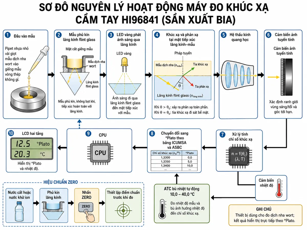 Sơ đồ nguyên lý hoạt động Hanna HI96841 dạng block diagram kỹ thuật trên nền trắng: mẫu dịch nha wort được nhỏ bằng pipet nhựa → giếng mẫu vòng thép không gỉ → mẫu phủ kín lăng kính flint glass → LED vàng phát ánh sáng qua lăng kính → khúc xạ và phản xạ tại mặt tiếp xúc lăng kính–mẫu → hệ thấu kính quang học → cảm biến ảnh tuyến tính xác định ranh giới vùng sáng/tối và góc tới hạn → khối xử lý tính chỉ số khúc xạ. Từ cảm biến nhiệt độ tạo nhánh vào khối ATC bù nhiệt tự động 10,0–40,0 °C → khối chuyển đổi chỉ số khúc xạ sang °Plato theo bảng ICUMSA và ASBC → CPU → LCD hai tầng hiển thị °Plato và nhiệt độ. Bổ sung nhánh hiệu chuẩn ZERO: nước cất hoặc nước khử ion → phủ kín lăng kính → nhấn ZERO → thiết lập điểm chuẩn trước khi đo.