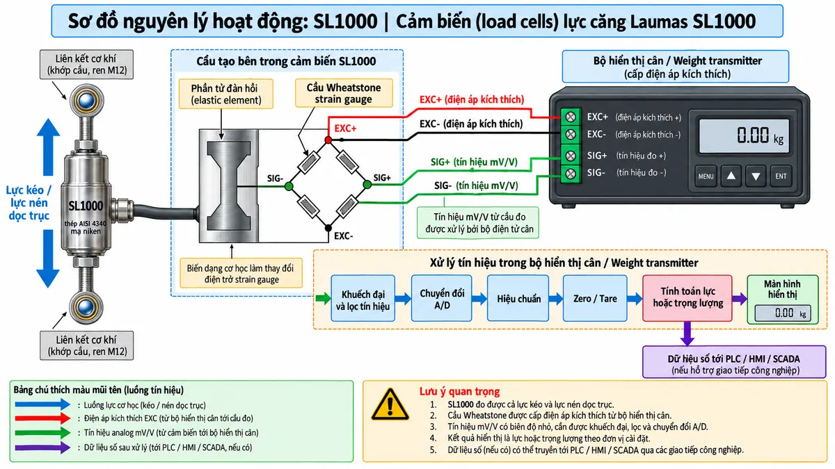 Vẽ sơ đồ nguyên lý hoạt động dạng khối cho cảm biến lực kéo/nén Laumas SL1000 trên nền trắng, bố cục ngang. Bắt đầu từ lực kéo hoặc lực nén dọc trục truyền qua hai liên kết cơ khí hoặc khớp cầu vào phần tử đàn hồi bằng thép AISI 4340 mạ niken của SL1000. Bên trong cảm biến thể hiện bốn strain gauge mắc thành cầu Wheatstone với các nút EXC+, EXC-, SIG+ và SIG-. Bộ hiển thị cân hoặc weight transmitter cấp EXC+/EXC- tới cầu đo; khi tải làm phần tử đàn hồi biến dạng, điện trở strain gauge thay đổi và cầu Wheatstone tạo tín hiệu vi sai SIG+/SIG- dạng mV/V. Tín hiệu analog tiếp tục qua các khối khuếch đại và lọc tín hiệu, chuyển đổi A/D, hiệu chuẩn, Zero/Tare, tính toán lực hoặc trọng lượng rồi tới màn hình hiển thị. Từ khối xử lý thêm nhánh dữ liệu số tới PLC/HMI/SCADA nếu thiết bị điện tử cân hỗ trợ giao tiếp công nghiệp. Dùng mũi tên và chú thích tiếng Việt để phân biệt luồng lực cơ học, điện áp kích thích EXC, tín hiệu analog mV/V và dữ liệu số sau xử lý.