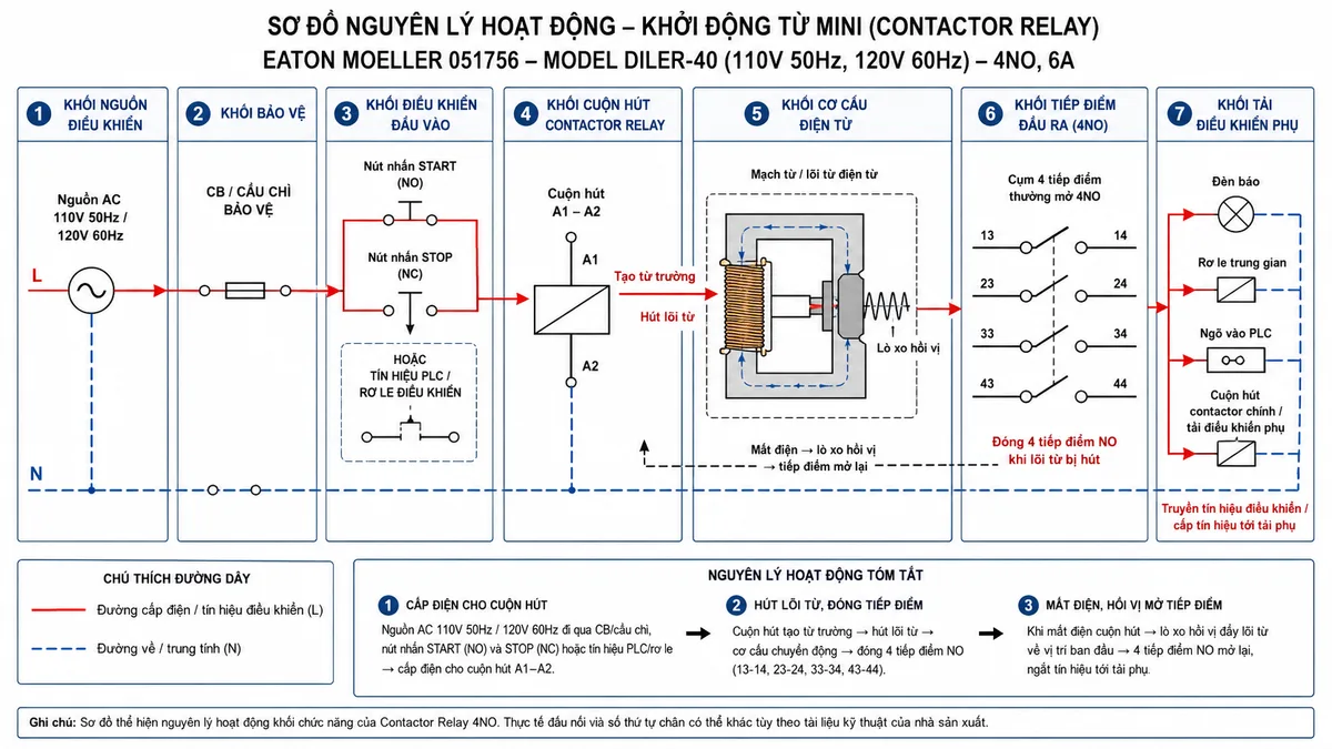 Sơ đồ nguyên lý hoạt động của khởi động từ mini Eaton Moeller 051756 DILER-40(110V50HZ,120V60HZ): thể hiện các khối chức năng gồm nguồn AC 110V 50Hz/120V 60Hz, mạch bảo vệ CB/cầu chì, nút nhấn hoặc tín hiệu PLC, cuộn hút A1-A2, mạch từ/lõi từ điện từ, lò xo hồi vị, cụm 4 tiếp điểm NO và các tải điều khiển phụ; dùng mũi tên mô tả luồng cấp điện cho cuộn hút, tạo từ trường hút lõi từ, đóng 4 tiếp điểm NO, truyền tín hiệu điều khiển và tự hồi về mở tiếp điểm khi mất điện; phong cách sơ đồ kỹ thuật điện công nghiệp sạch, nền trắng, chú thích tiếng Việt.