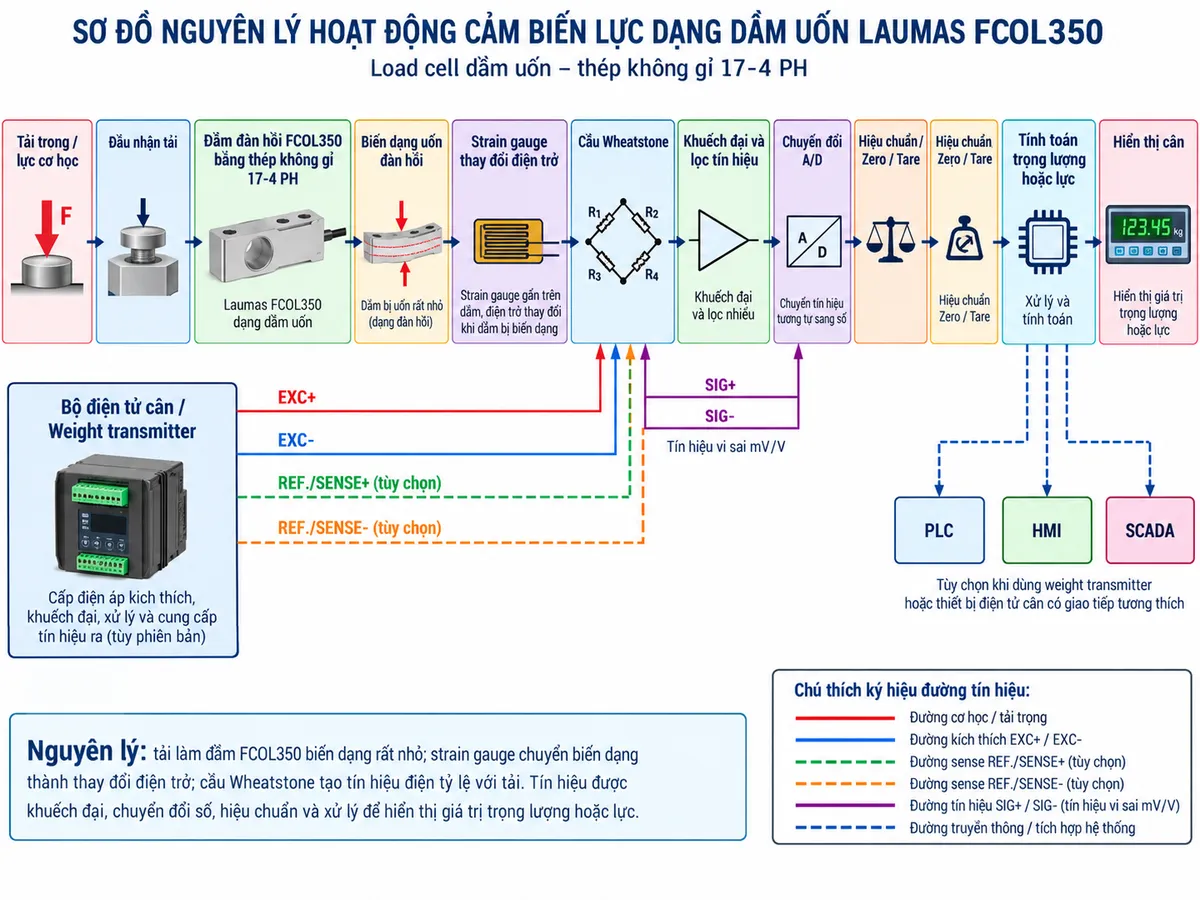 Vẽ sơ đồ nguyên lý hoạt động dạng khối cho Laumas FCOL350 trên nền trắng, bố cục ngang. Thể hiện luồng từ trái sang phải: “Tải trọng / lực cơ học” → “Đầu nhận tải” → “Dầm đàn hồi FCOL350 bằng thép không gỉ 17-4 PH” → “Biến dạng uốn đàn hồi” → “Strain gauge thay đổi điện trở” → “Cầu Wheatstone”. Từ khối “Bộ điện tử cân / Weight transmitter” vẽ EXC+ và EXC- cấp điện áp kích thích tới cầu Wheatstone; nếu cấu hình FCOL350 cụ thể hỗ trợ sense thì thể hiện REF./SENSE+ và REF./SENSE- dưới dạng tùy chọn. Từ cầu Wheatstone vẽ SIG+ và SIG- mang tín hiệu vi sai mV/V → “Khuếch đại và lọc tín hiệu” → “Chuyển đổi A/D” → “Hiệu chuẩn / Zero / Tare” → “Tính toán trọng lượng hoặc lực” → “Hiển thị cân”. Từ bộ xử lý vẽ các nhánh tùy chọn tới PLC, HMI và SCADA khi sử dụng weight transmitter hoặc thiết bị điện tử cân có giao tiếp tương thích. Bổ sung chú thích nguyên lý: tải làm dầm FCOL350 biến dạng rất nhỏ; strain gauge chuyển biến dạng thành thay đổi điện trở; cầu Wheatstone tạo tín hiệu điện tỷ lệ với tải.