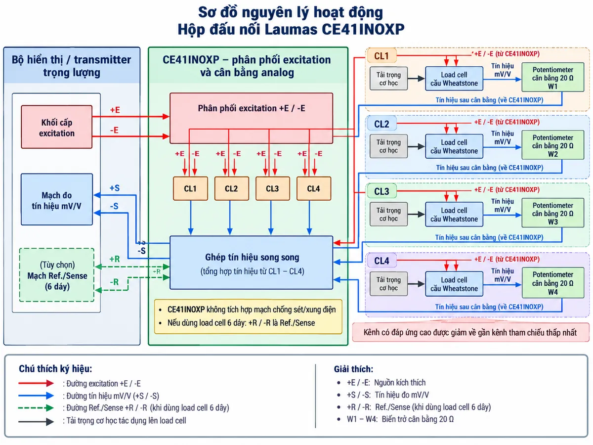 Sơ đồ nguyên lý hoạt động Laumas CE41INOXP trên nền trắng, bố cục ngang, chú thích tiếng Việt. Bên trái là “Bộ hiển thị / transmitter trọng lượng” gồm khối cấp excitation và mạch đo tín hiệu mV/V. Ở giữa là “CE41INOXP – phân phối excitation và cân bằng analog”, trong đó +E/-E được chia song song tới 4 nhánh CL1-CL4. Bên phải hoặc phía trên bố trí bốn chuỗi chức năng: “Tải trọng cơ học” → “Load cell cầu Wheatstone” → “Tín hiệu mV/V” → “Potentiometer cân bằng 20 Ω W1/W2/W3/W4”. Thể hiện các kênh có đáp ứng cao được giảm bằng potentiometer để tiến gần kênh tham chiếu có đáp ứng thấp nhất. Sau hiệu chỉnh, bốn tín hiệu đi vào khối “Ghép tín hiệu song song” rồi tạo tín hiệu tổng +S/-S quay về bộ hiển thị/transmitter. Nếu sử dụng load cell 6 dây, thể hiện thêm +R/-R Ref./Sense. Dùng mũi tên rõ chiều cho tải trọng, excitation, tín hiệu mV/V, quá trình hiệu chỉnh và tín hiệu tổng; ghi chú “CE41INOXP không tích hợp mạch chống sét/xung điện”.