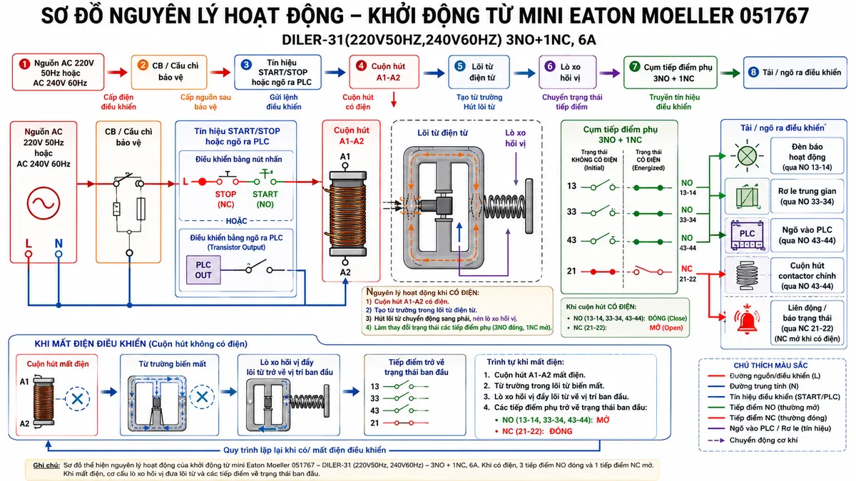 Sơ đồ nguyên lý hoạt động của Khởi động từ mini Eaton Moeller 051767 DILER-31(220V50HZ,240V60HZ): thể hiện các khối chức năng gồm nguồn AC 220V 50Hz hoặc 240V 60Hz, CB/cầu chì bảo vệ, tín hiệu START/STOP hoặc PLC, cuộn hút A1-A2, lõi từ điện từ, lò xo hồi vị, cụm tiếp điểm 3NO+1NC; dùng mũi tên mô tả luồng hoạt động từ cấp điện cho cuộn hút, tạo từ trường, hút lõi từ, đóng NO 13-14/33-34/43-44 và mở NC 21-22, truyền tín hiệu đến đèn báo, rơ le trung gian, PLC hoặc contactor chính, tự hồi về khi mất điện; phong cách sơ đồ kỹ thuật điện công nghiệp nền trắng, bố cục rõ ràng